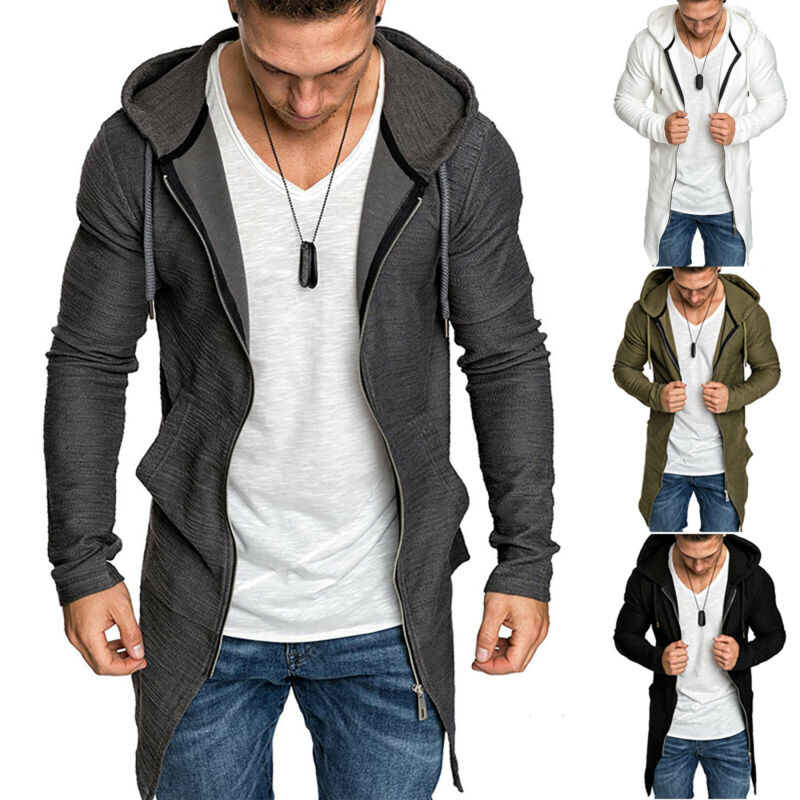 Mens Casual Hoodie Hooded Longline Zip Sweatshirt Sweater Jacket Outwear Coat XL