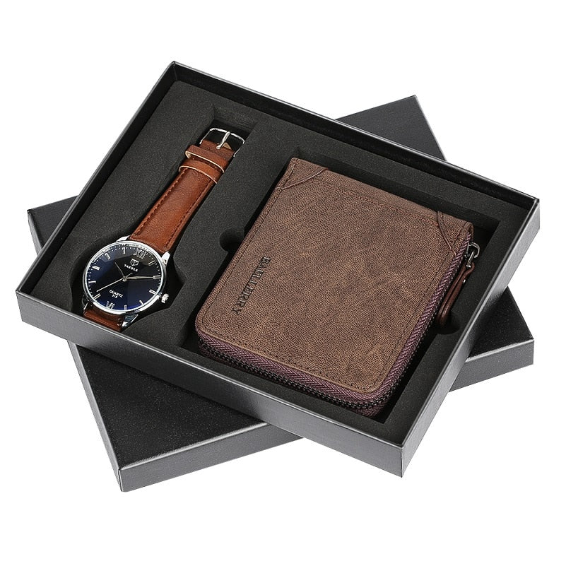 Mens Watches Luxury Minimalist Quartz Wrist Watch Card Holder Wallet Watches Men Gift Set Watches for Dad Husband Boy Friend