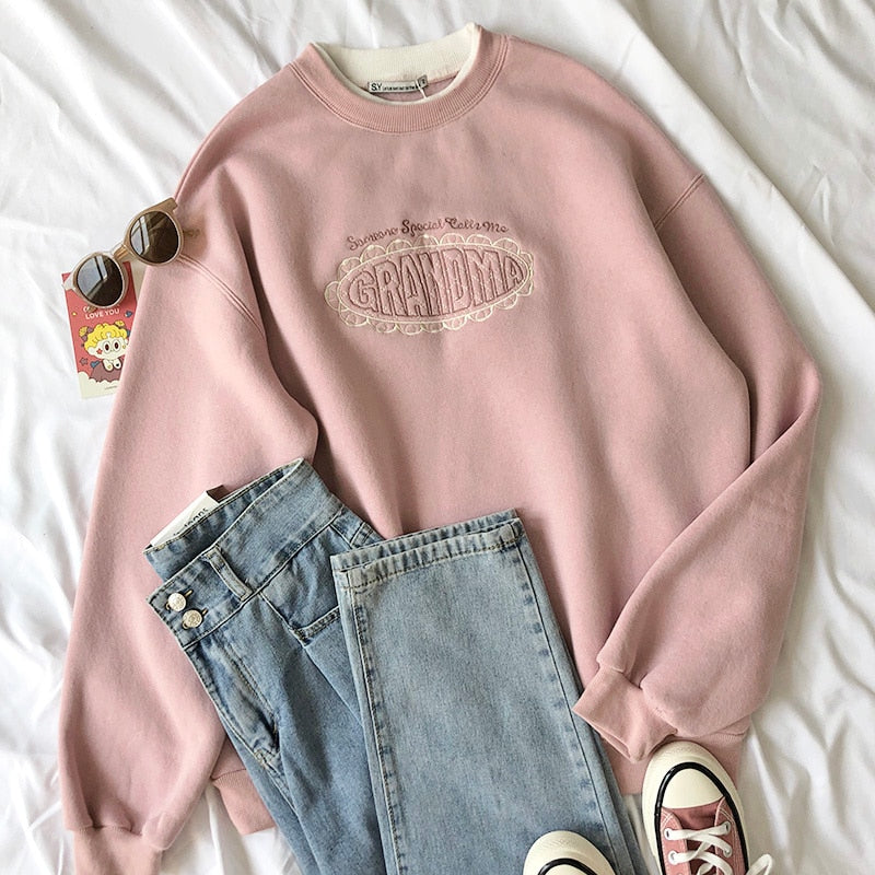 Mooirue Spring Women Pink Sweatshirt Letter Embroidery Thickening 2 In 1 Pullovers Tops