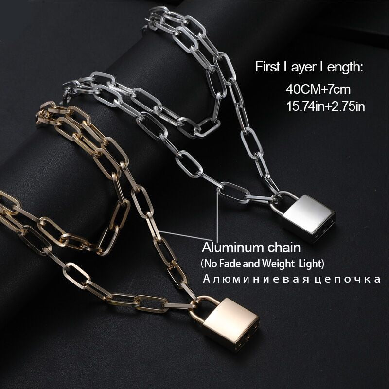 Double layer Lock Chain necklace grunge punk 90s link chain silver color padlock pendant necklace women aesthetic egirl jewelry