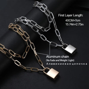 Double layer Lock Chain necklace grunge punk 90s link chain silver color padlock pendant necklace women aesthetic egirl jewelry
