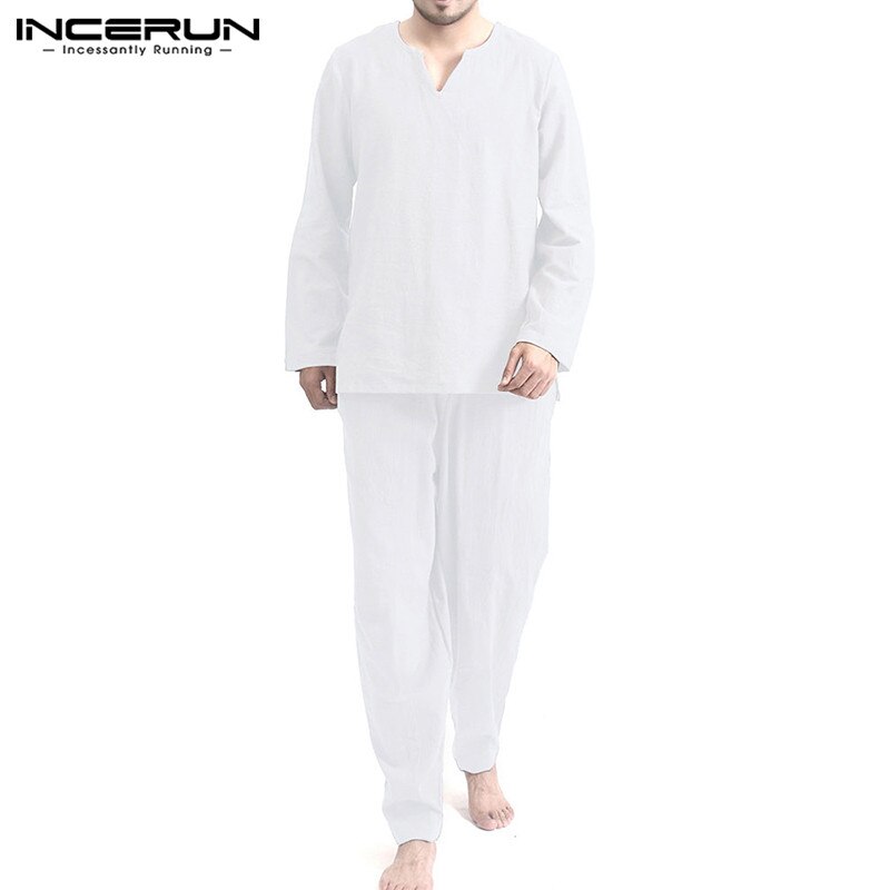 INCERUN Vintage Men Sets Homewear V Neck Long Sleeve Tops & Pants Streetwear Chinese Style Cotton Loose Men Suit Casual 2 Pieces