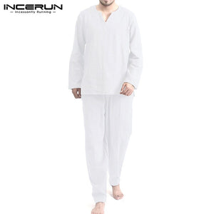 INCERUN Vintage Men Sets Homewear V Neck Long Sleeve Tops & Pants Streetwear Chinese Style Cotton Loose Men Suit Casual 2 Pieces