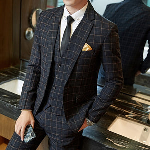 Men Slim Fit Plaid Suit 2pc set Male Wedding Groom Blazers Pants Man Formal Business Work Wear Suits Costume Homme