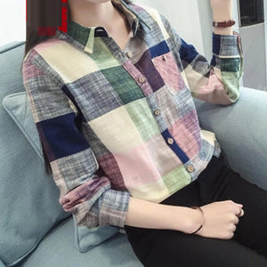 Korean Style Women Tops And Bloues Casual Long Sleeve Plaid Turn-down Collar Casual Tops Button Shirts Blusas Рубашка Клетчатая