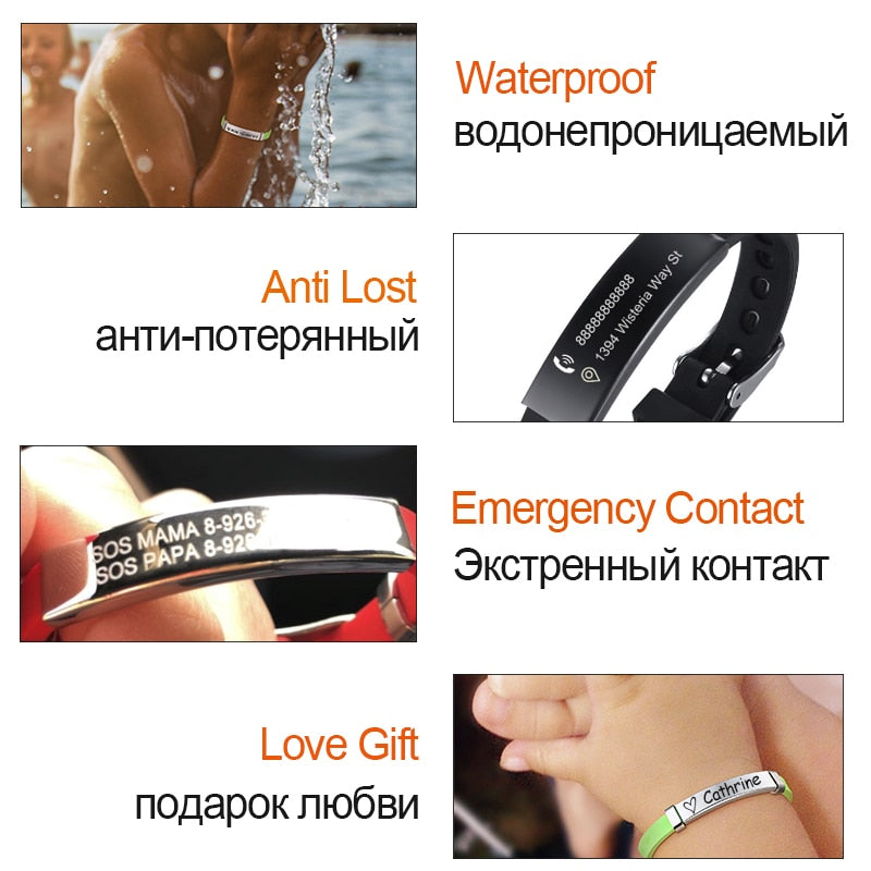 Vnox Personalize Kids Baby ID Bracelets Soft Silicone Rudder Stainless Steel Children Girls Boys Custom Emergency Name Phone