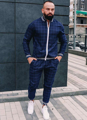 New Colorful Plaid Men Casual Zipper Set Autumn Tracksuit Set Male Sweatshirt Pocket Fashion Jackets Men Tracksuit Sets Mens set