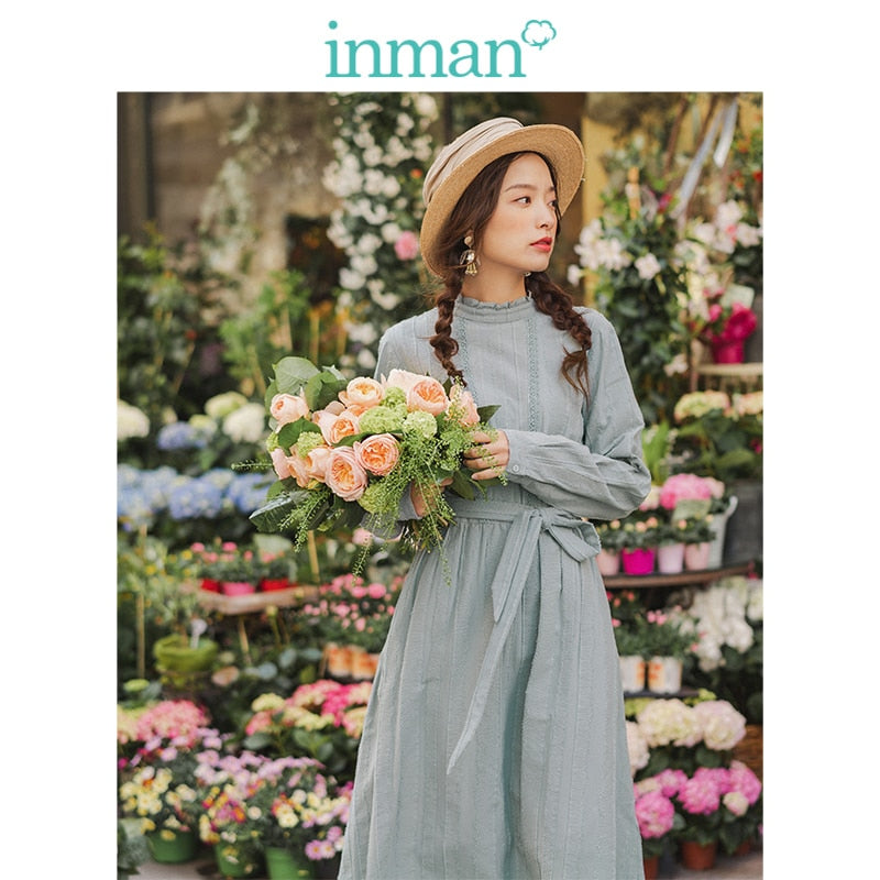 INMAN Spring Autumn Retro Lace Stand up Collar Jacquard Cotton Defined Waist A-line Solid Romantic Women Dress
