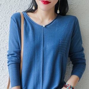LITVRIYH New Women Sweater 100% Cotton Knitted Sweater Women Pullover V-Neck Long Sleeve Female Pullover Pull Femme Jumper Tops
