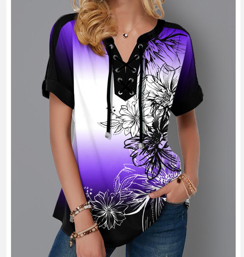 Plus Size 4xl 5x Pullovers Blouse shirt Boho Print Lace Splice Women's Tops V-neck Loose 2020 Casual Summer New Female Tee Shirt