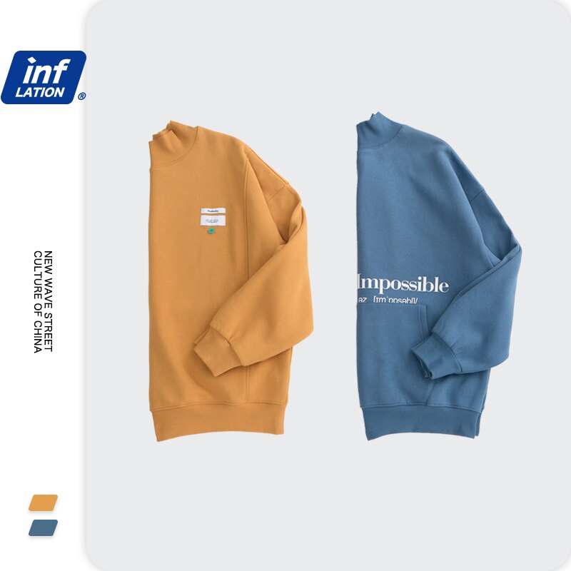 INFLATION Men Thick Fleece Sweatshir Streetwear толстовка 2020 Winter Letter Printing High Collar Loose Sweatshirt Men 1345W