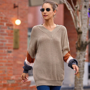 Autumn Striped Patchwork Sweater Women Casual Long Sleeve Pullover Fashion Color Block Loose Knitted Sweater Femme Chandails
