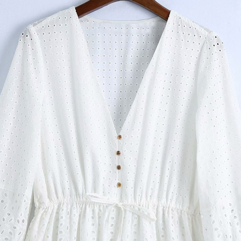 Women Summer ZA White V-Neck Dress 3/4 Sleeve Buttons Bow Tie Slim Casual Female Elegant Party A-Line Dresses Clothes Vestidos
