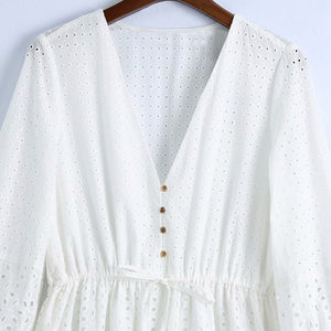 Women Summer ZA White V-Neck Dress 3/4 Sleeve Buttons Bow Tie Slim Casual Female Elegant Party A-Line Dresses Clothes Vestidos