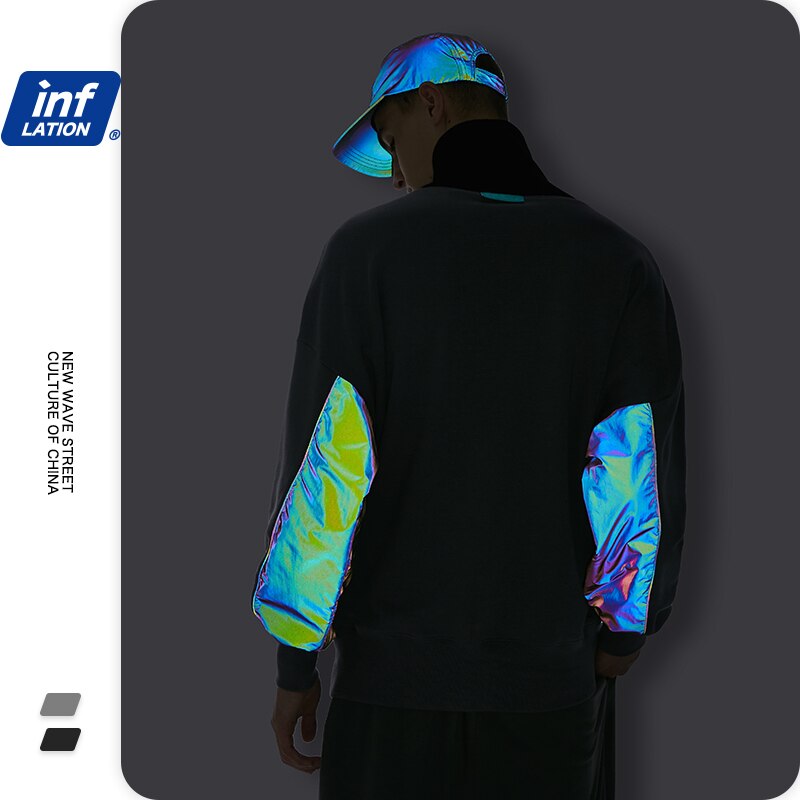 INFLATIONLaser Reflective Patched Hip Hop Tracksuit Men Streetwear High Collar Sweatshirt And Sweatpant Set Men Two Piece Outfit
