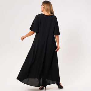 2021 New Summer Maxi Dress Women Black Loose Embroidery Selvedge Hemmed V-neck Ruffle Half Sleeve Elegant Vintage Party Robes