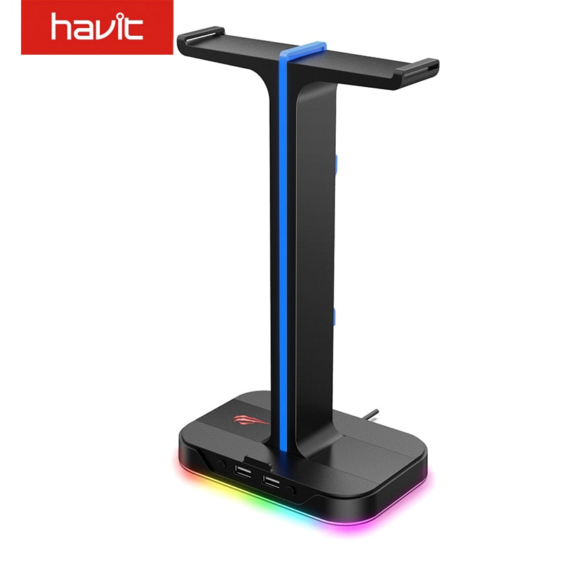 Havit TH630 RGB Headphones Stand with 3.5mm AUX and 2 USB Ports, Headphone Holder for Gamers Gaming PC Accessories Desk