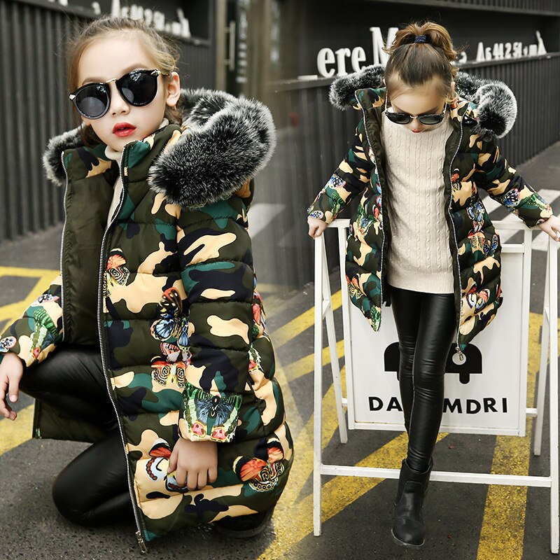 Veste en coton pour filles 3-11 ans vestes en coton pour enfants imprimé dessin animé papillon camouflage filles vestes d'hiver