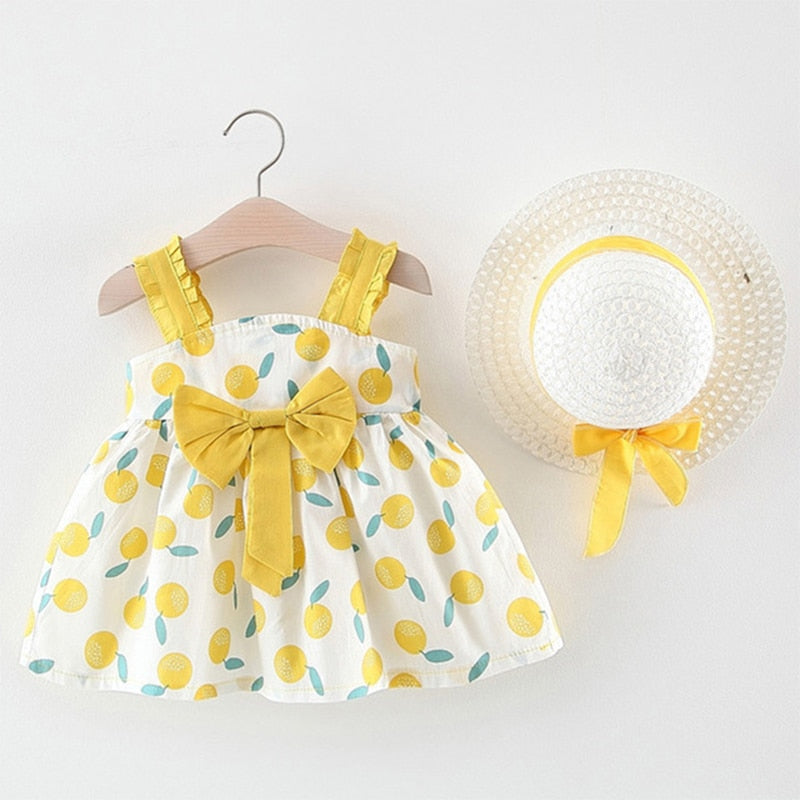 Melario Baby Girls Dresses With Hat 2pcs Clothes Sets Kids Clothes Baby Sleeveless Birthday Party Princess Dress Print Floral