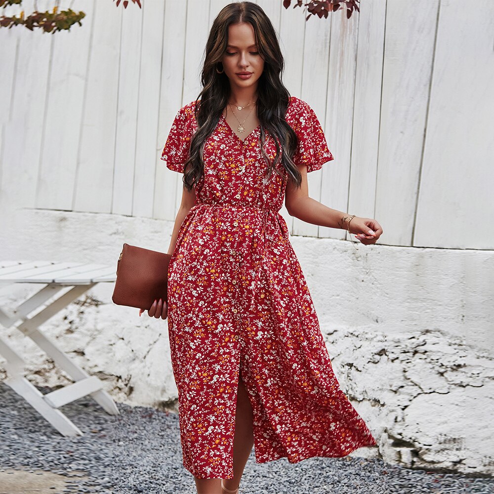 2021 Green Floral Print Ruffles Summer Dress Women Casual V-neck Button Sashes Dress Ladies Holiday Beach Sundresses Vestidos