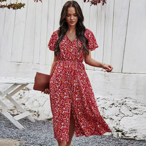 2021 Green Floral Print Ruffles Summer Dress Women Casual V-neck Button Sashes Dress Ladies Holiday Beach Sundresses Vestidos