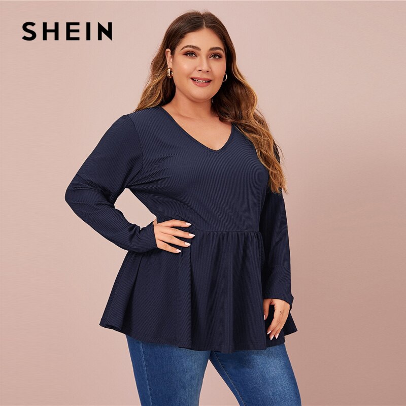 SHEIN Plus Size V Neck Peplum Tee Solid Top Women Spring Autumn Long Sleeve Oversized Stretchy Casual T-shirts