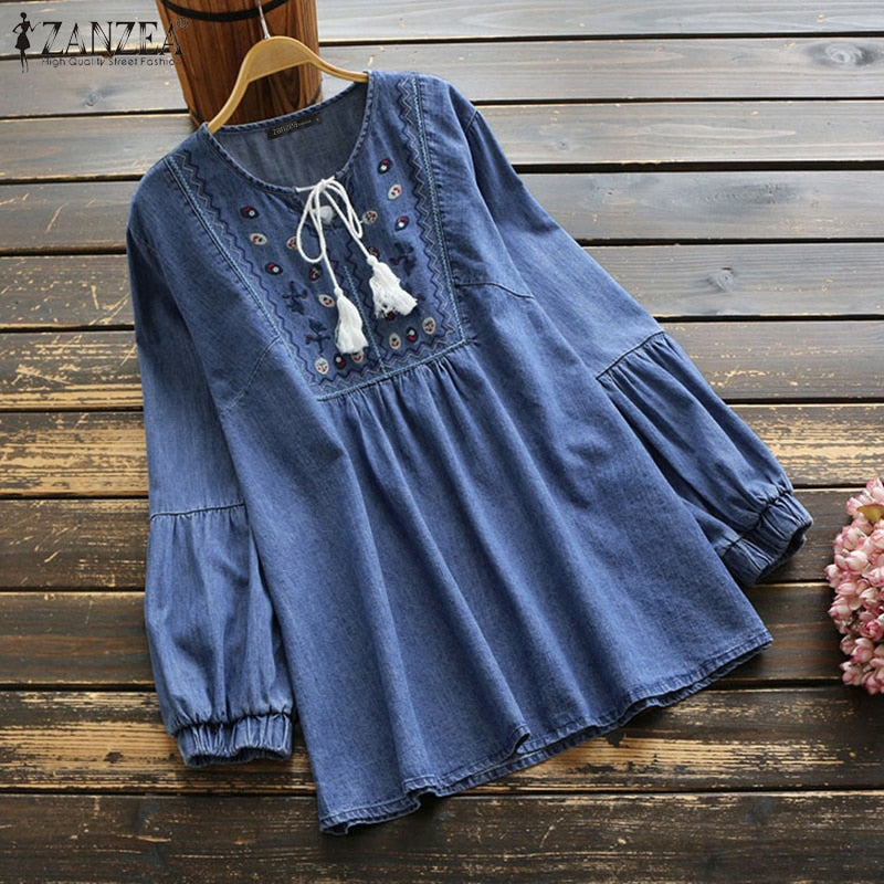 Elegant Denim Blue Shirts Womens Embroidery Blouse 2021 ZANZEA Tassel Puff Sleeve Blusas Female Casual Floral Tops Plus Size