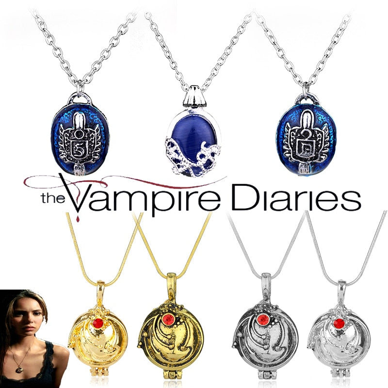 The Vampire Diaries Charm Necklace For Women Vintage Katherine Klaus Forbes Blue Stone Pendant Necklace Movie Cosplay Jewelry