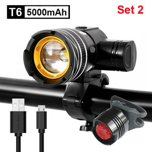 NEWBOLER 5000mAh Bicycle Light Set T6 USB Rechargeable Battery Adjustable Zoom Bike Front Headlight Cycling Lamp with Taillight