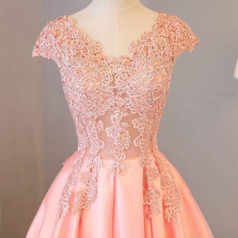 Beauty Emily Gorgeous 2020 Long Lace Appliques Pink Evening Dresses V Neck Sleeveless Pleated Prom Gown For Ceremony Party Dress