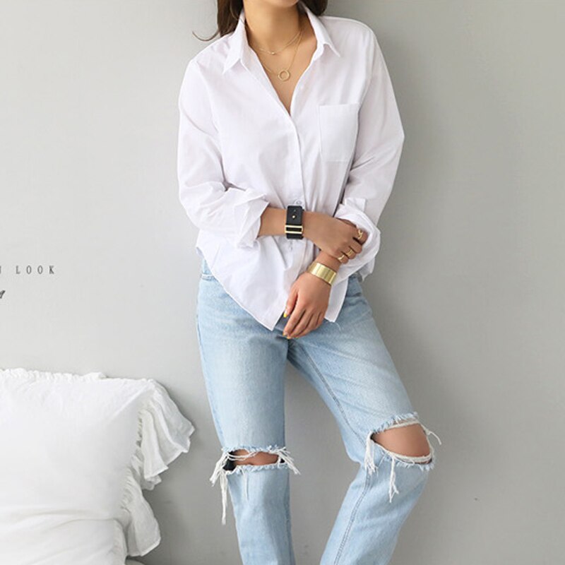 TITAME chemises Blouses femmes mode décontracté hauts femme col rabattu blanc ample à manches longues Blouse Ol Style chemise Simple haut