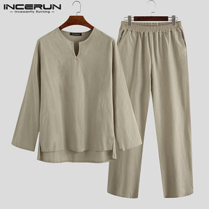 INCERUN Vintage Men Sets Homewear V Neck Long Sleeve Tops & Pants Streetwear Chinese Style Cotton Loose Men Suit Casual 2 Pieces