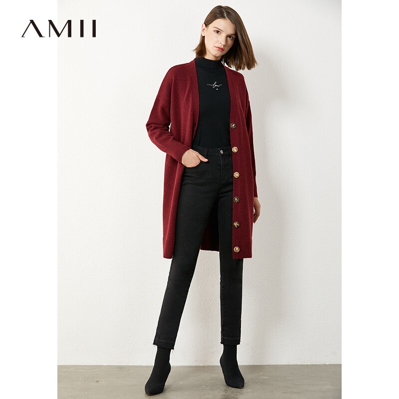 AMII Minimalism Autumn Winter Women Cardigan Fashion Solid Vneck Loose Knitted Women's Overcoat Female Coat Tops 12040478