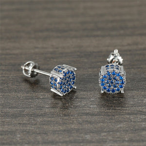 Female Luxury Austria Crystal Screw Back Stud Earrings For Women White/Blue/Purple Round Zircon Hip Hop Earrings Wedding Jewelry