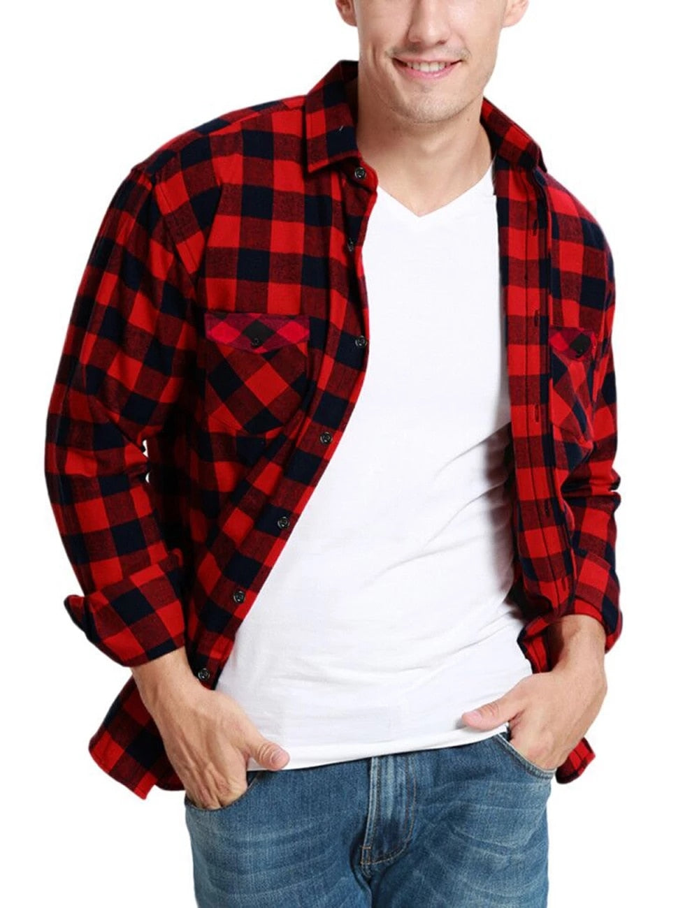 Jeetoo European/US Size Men Flannel Plaid Shirts Cotton 2021 Casual Long Sleeve Shirt Warm Comfort Regular Fit Man Blouse
