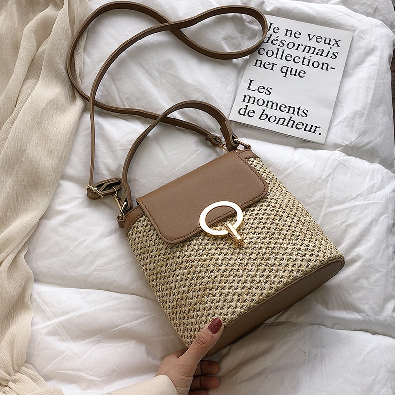 Small Straw Bucket Bags For Women 2021 Summer Crossbody Bags Lady Travel Purses and Handbags Female Shoulder Simple Bag