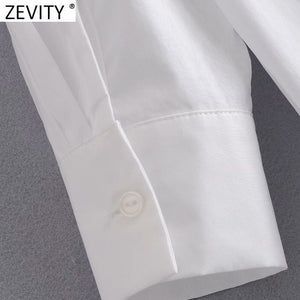 Zevity New Women Simply Pocket Patch Casual Long Blouse Ladies Long Sleeve Business Shirt Chic Femme Breasted Blusas Tops LS7346