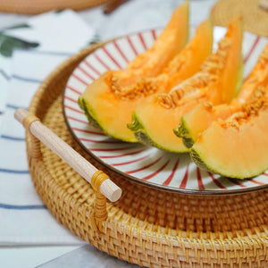 Rattan Storage Tray Round Basket with Handle Hand-Woven Rattan Tray Wicker Basket Bread Fruit Food Breakfast Display L