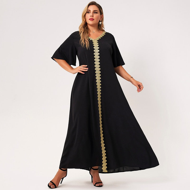 2021 New Summer Maxi Dress Women Black Loose Embroidery Selvedge Hemmed V-neck Ruffle Half Sleeve Elegant Vintage Party Robes