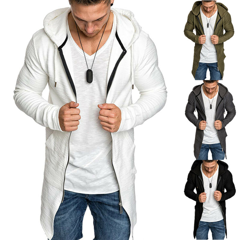 Mens Casual Hoodie Hooded Longline Zip Sweatshirt Sweater Jacket Outwear Coat XL