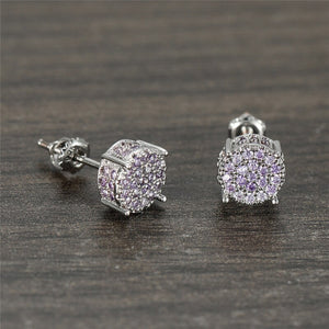 Female Luxury Austria Crystal Screw Back Stud Earrings For Women White/Blue/Purple Round Zircon Hip Hop Earrings Wedding Jewelry