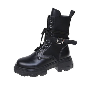 Women Combat Boots 2020 Autumn Female Platform Gothic Shoes Black Leather Boots Women Fashion Mid Calf Boots
