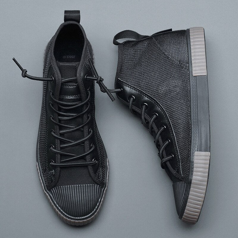 2020 Brand New Hight-Top Mesh Boots Men Breathable Canvas Sneaker Shoes Spring Autumn Male Vulcanized Boots Black White 20107