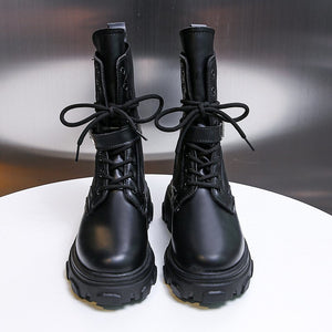 Women Combat Boots 2020 Autumn Female Platform Gothic Shoes Black Leather Boots Women Fashion Mid Calf Boots