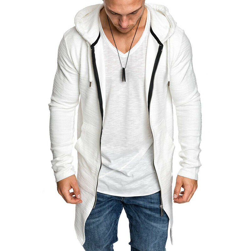 Mens Casual Hoodie Hooded Longline Zip Sweatshirt Sweater Jacket Outwear Coat XL