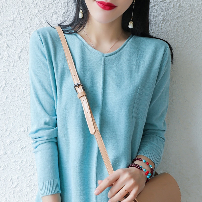 LITVRIYH New Women Sweater 100% Cotton Knitted Sweater Women Pullover V-Neck Long Sleeve Female Pullover Pull Femme Jumper Tops
