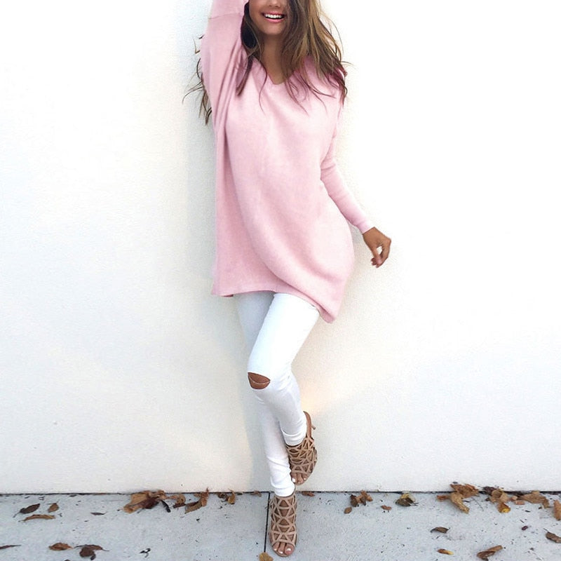 V-Neck Long-Sleeved Women'S Sweater Knitted Long Top Sweaters