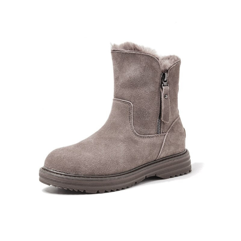 2020  Genuine Leather Winter Zipper Fur Warm Plush Ankle Snow Boots With Platform Low Heels Short Booties Women Flat Shoes