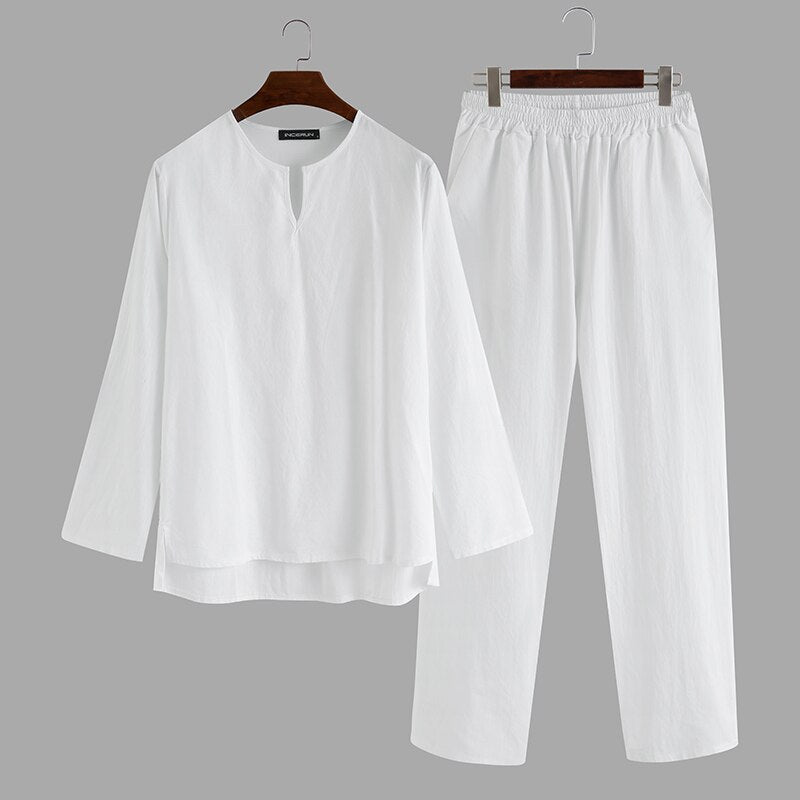 INCERUN Vintage Men Sets Homewear V Neck Long Sleeve Tops & Pants Streetwear Chinese Style Cotton Loose Men Suit Casual 2 Pieces