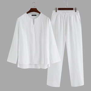 INCERUN Vintage Men Sets Homewear V Neck Long Sleeve Tops & Pants Streetwear Chinese Style Cotton Loose Men Suit Casual 2 Pieces
